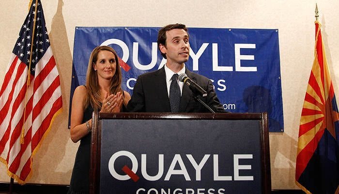 Rep. Ben Quayle, R-Ariz., right, with wife Tiffany Quayle at his side, concedes his Republican primary loss to Rep. David Schweikert, R-Ariza., at an evening gathering of supporters Tuesday, Aug. 28, 2012, in Scottsdale, Ariz. The Republican race pits two House members against one another, as Quayle battles Rep. David Schweikert, R-Ariz., for the one House seat.(AP Photo/Ross D. Franklin)