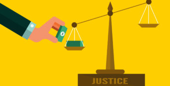 graphic of justice scale with hand putting money on one end