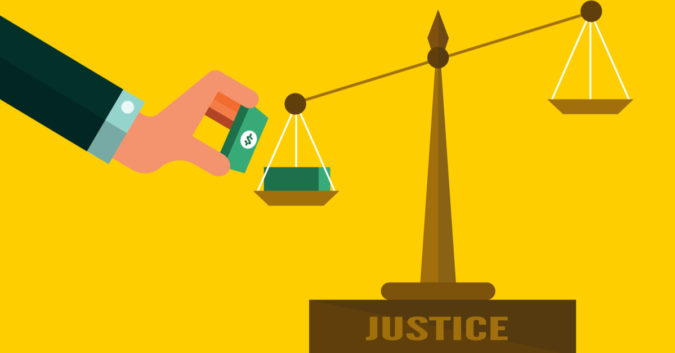 graphic of justice scale with hand putting money on one end