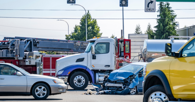 A busy intersection showing a damaged car next to a truck
