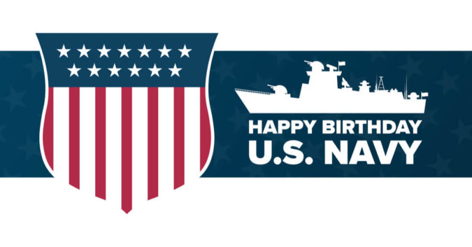 A graphic with an american flag-shaped shield, a ship, and text celebrating the U.S. Navy Birthday