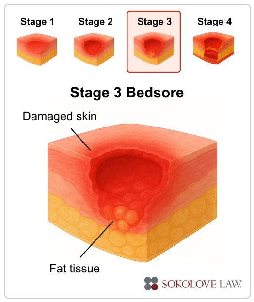 Stage 3 bedsore picture showing damaged skin and fat tissue