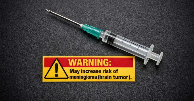 Depo-Provera shot with a warning label: may increase the risk of meningioma (brain tumor)
