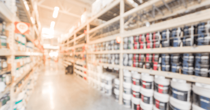 Warehouse aisle with paint products