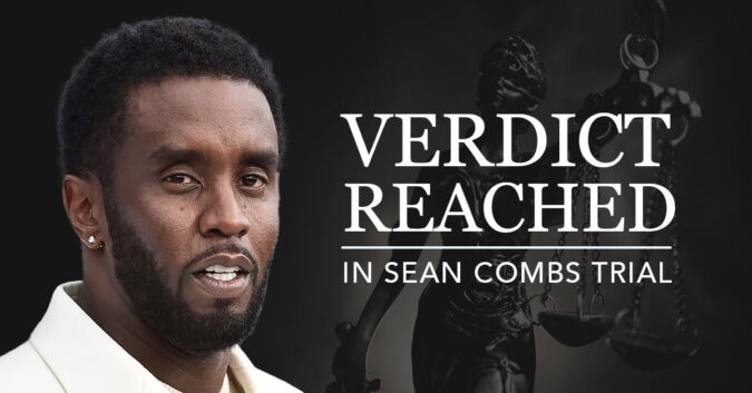 Sean "Diddy" Combs next to text that read "verdict reached in Sean Combs trial"