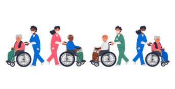 cartoon graphic of nursing home workers and residents