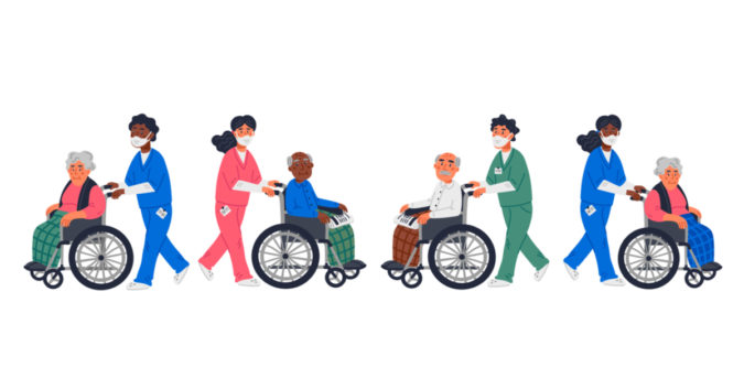 cartoon graphic of nursing home workers and residents