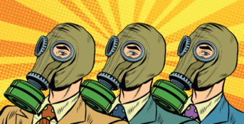 cartoon of three men wearing gas masks