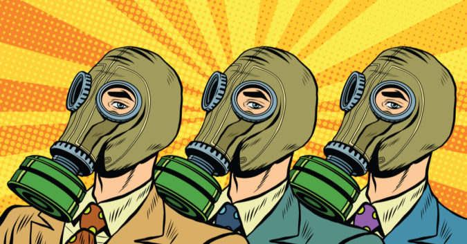 cartoon of three men wearing gas masks