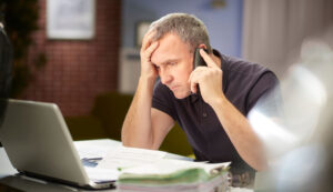 A man stares at his computer while on the phone